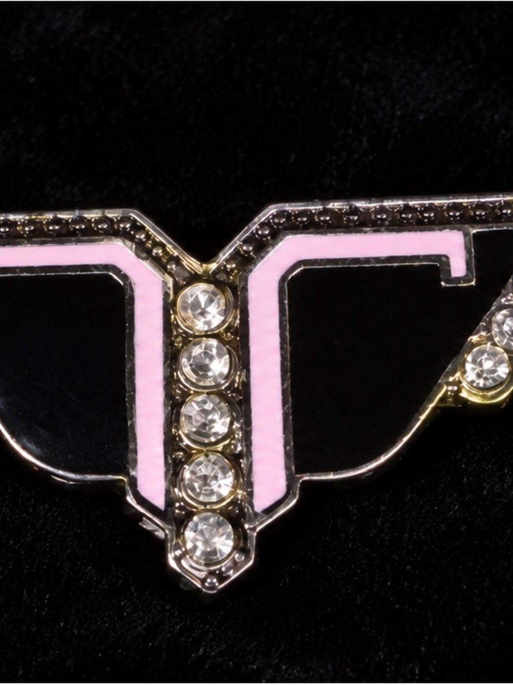 Art Deco Wing Brooch with Pink Enamel and Black Panels with Clear Stones